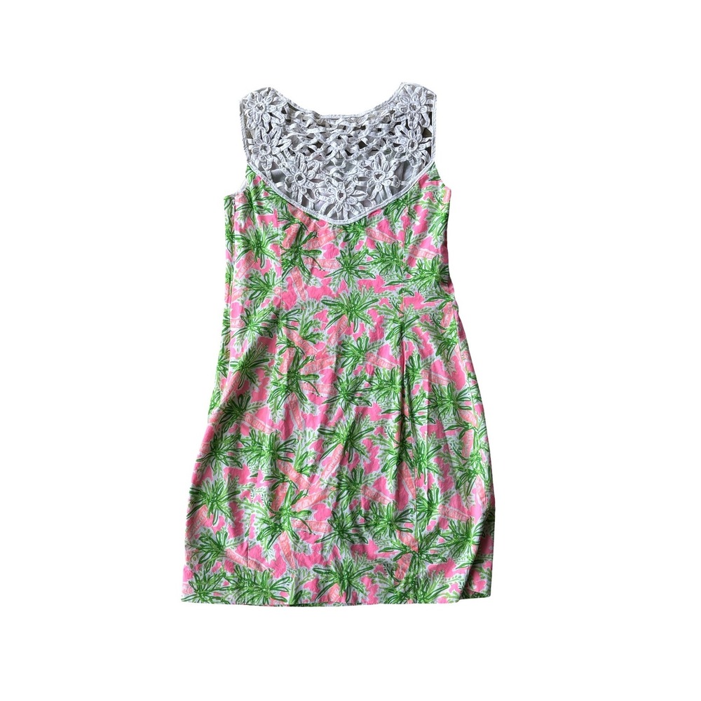 Lilly Pulitzer Pink Green Palm Print Shift Dress Floral Crochet Lace Size 0